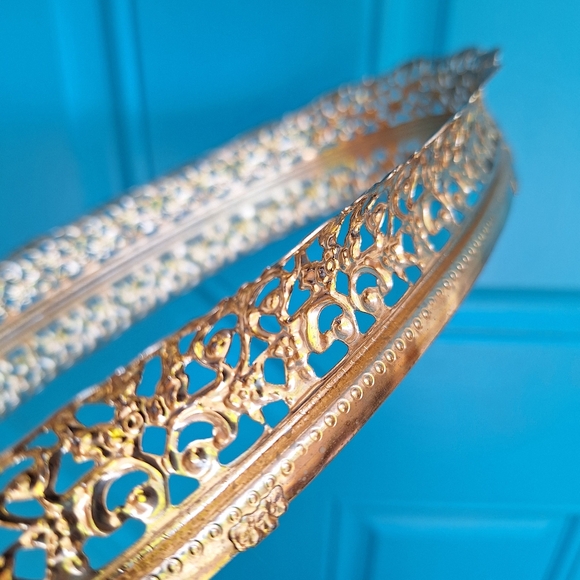 Vintage Vanity Mirror Tray Gold Perfume Trey MCM Art Deco Oval Shape Ornate Mint - Picture 6 of 11